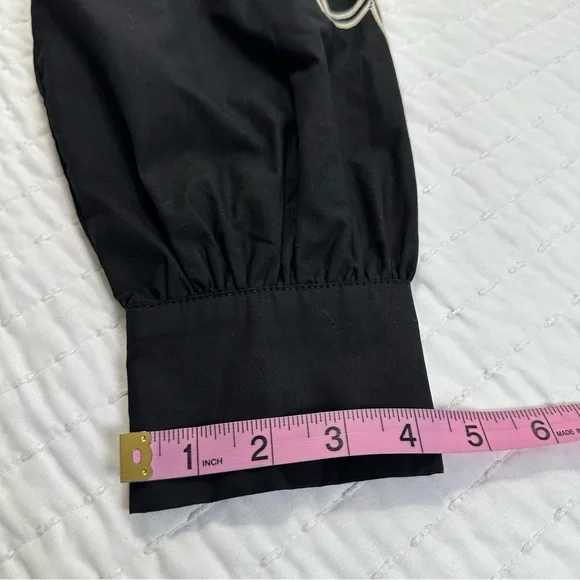 Elegant Button Down Black and Cream Embroidered Long Puff Sleeve Mini Dress - Picture 11 of 16